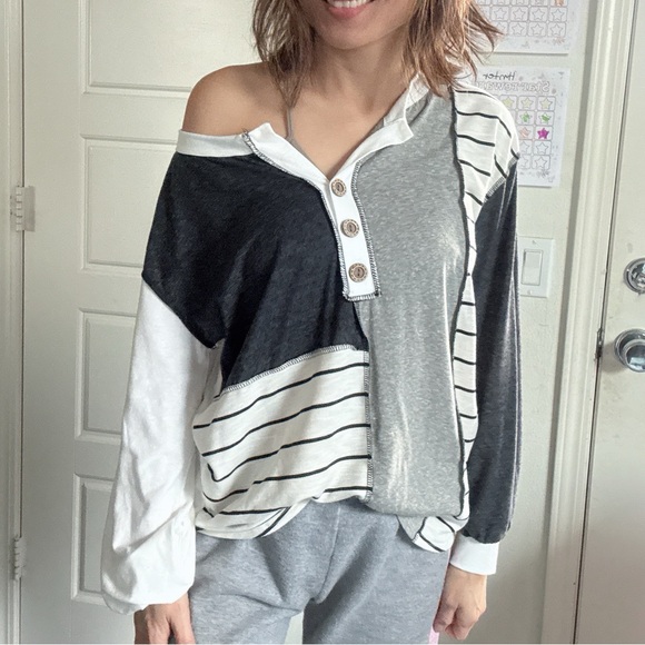 058 Casual Reverse Stitch color Block Striped Top - Picture 1 of 6